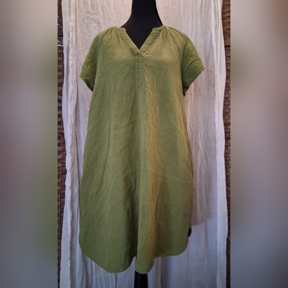 Green V-Neck Recycled Cotton Dress With Pockets Sz Sm